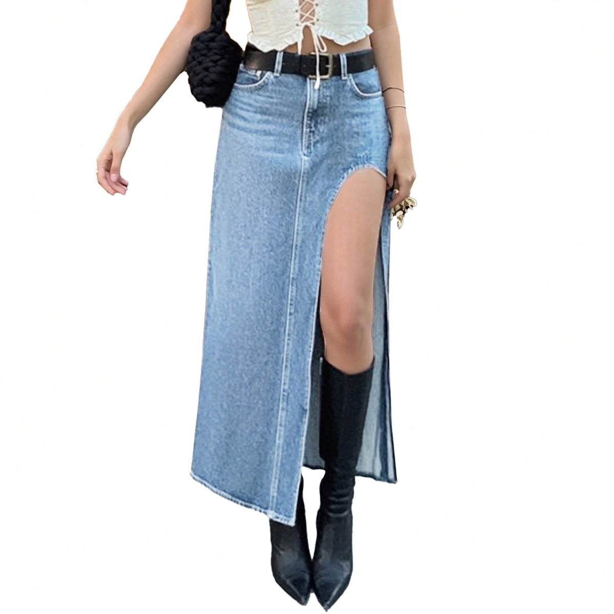 EMMIOL Women's Denim Maxi Skirt Side Slit High Waisted Sexy Long Jean Skirt 2026 Trendy Casual Going Out Bottoms