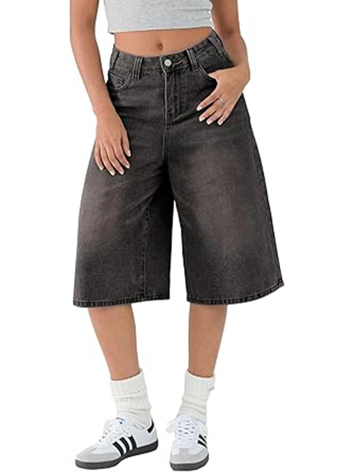 EMMIOL Women's Fall Trendy Baggy Denim Shorts Y2K Wide Leg Jean Jorts, Knee Length Loose Fit Jean Shorts