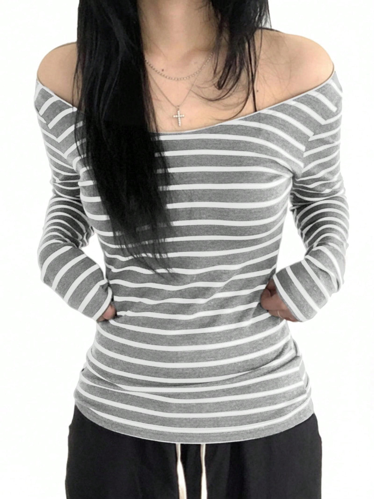 EMMIOL Women's Striped Off-Shoulder Long Sleeve Top Y2K Slim Fit Stretch Blouse, Fall & Spring Casual Shirt with Elastic Hem