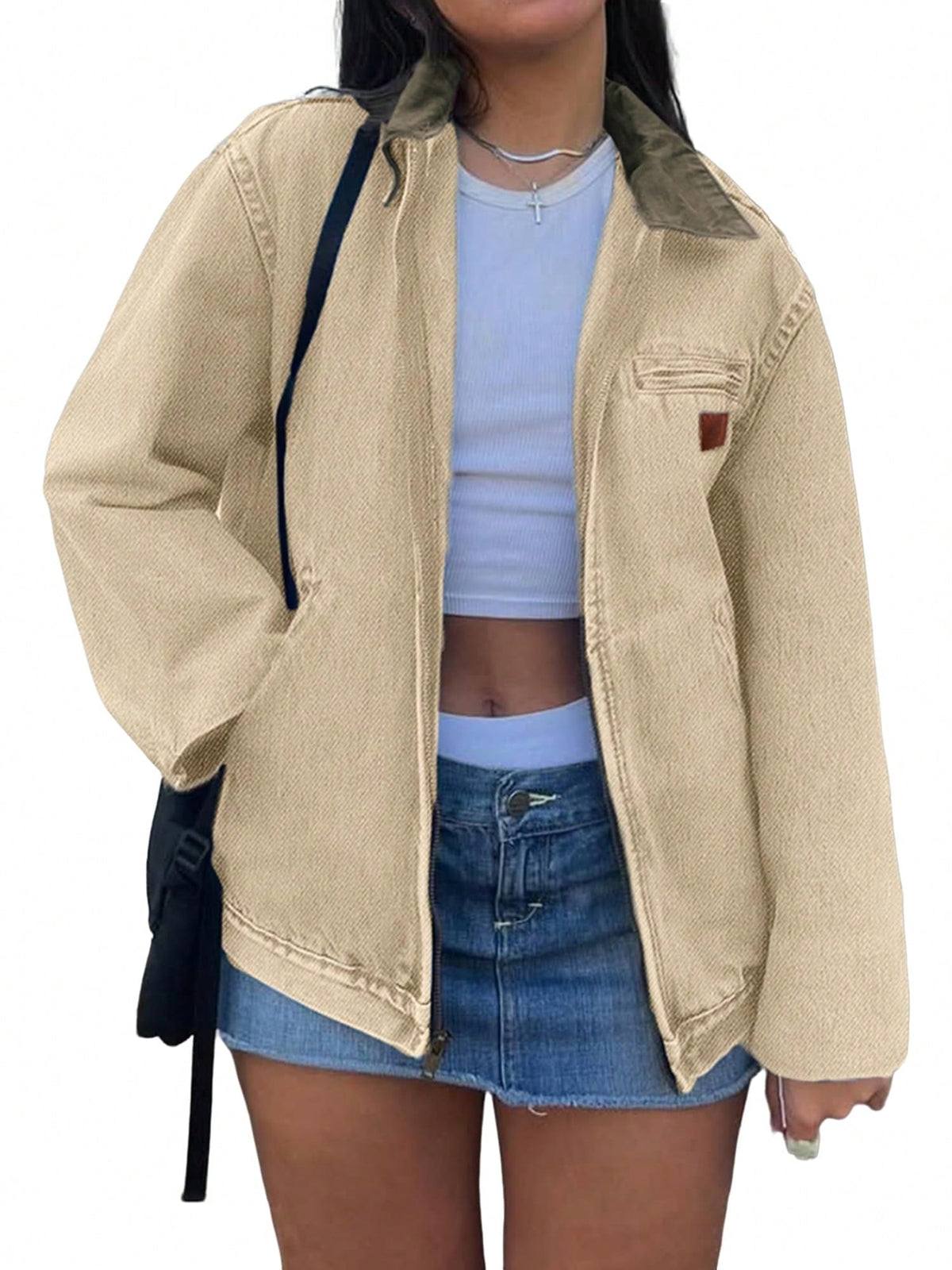 EMMIOL Women's Vintage Washed Denim Jacket Oversized Zipper Front Contrast Collar Jean Jacket with Pockets Casual Y2K Streetwear