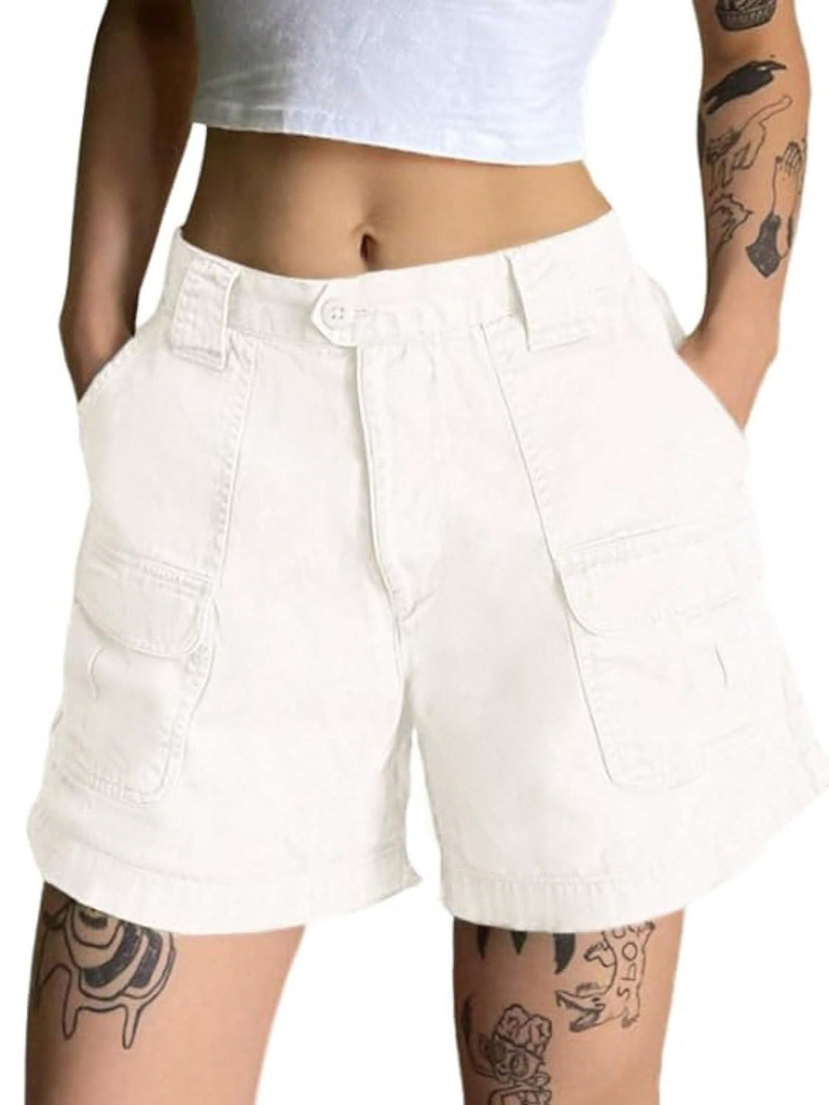 EMMIOL Women's Mid Waist Cargo Shorts Elastic Waist Casual Fall Cotton Shorts with Pockets