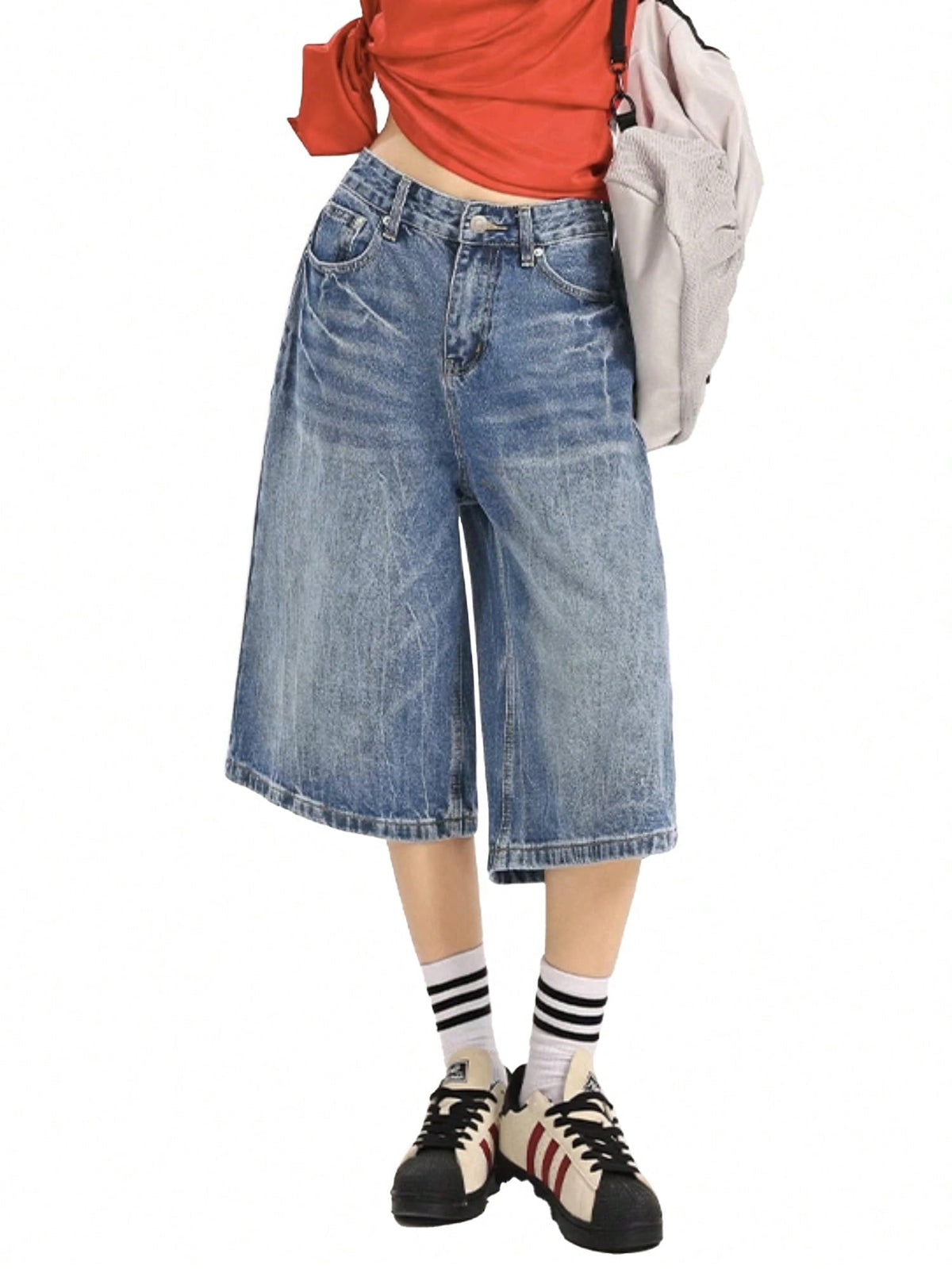 EMMIOL Women's Jean Shorts Y2K Mid Waist Baggy Wide Leg Denim Shorts,Distressed Jorts for Fall Streetwear