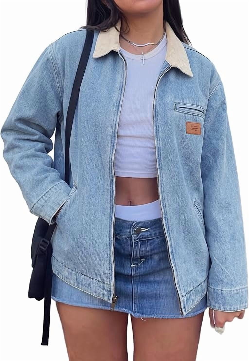 EMMIOL Women's Vintage Washed Denim Jacket Oversized Zipper Front Contrast Collar Jean Jacket with Pockets Casual Y2K Streetwear