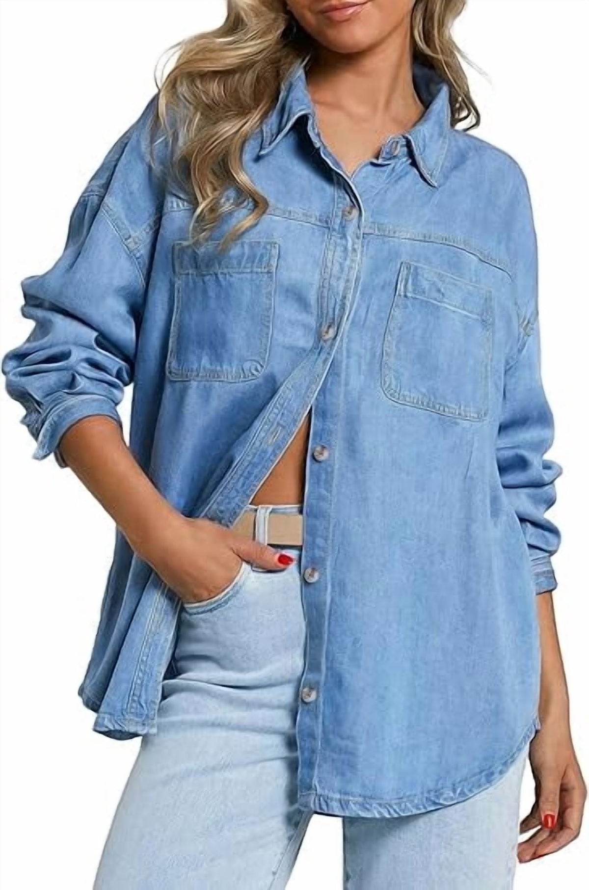 EMMIOL Women's Oversized 100% Cotton Denim Shirt Long Sleeve Button-Down Blouse with Pockets Casual Western Style