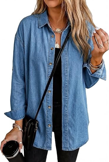 EMMIOL Women's Denim Shirt Long Sleeve Button Down Blouse Hidden Button Relaxed Fit Casual Versatile Top