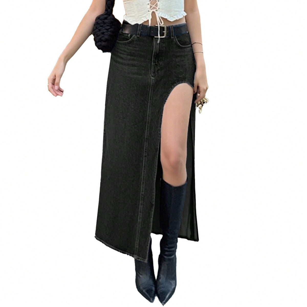 EMMIOL Women's Denim Maxi Skirt Side Slit High Waisted Sexy Long Jean Skirt 2026 Trendy Casual Going Out Bottoms
