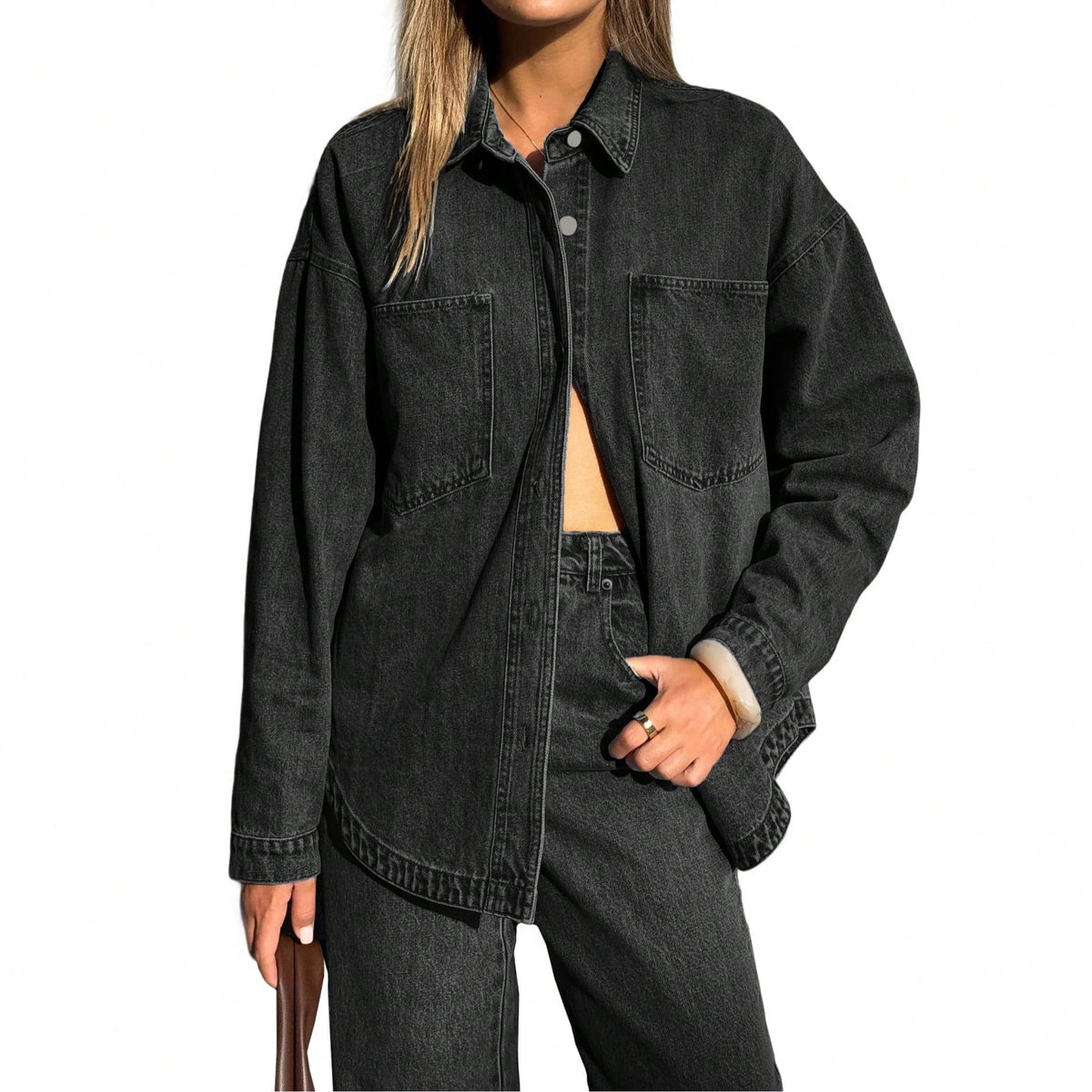 EMMIOL Women's Y2K Oversized Denim Shirt Jacket Long Sleeve Button Down Distressed Jean Blouse 2026 Fall Trendy Casual Denim Top
