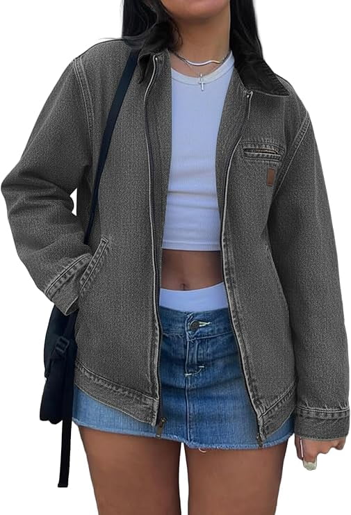 EMMIOL Women's Vintage Washed Denim Jacket Oversized Zipper Front Contrast Collar Jean Jacket with Pockets Casual Y2K Streetwear