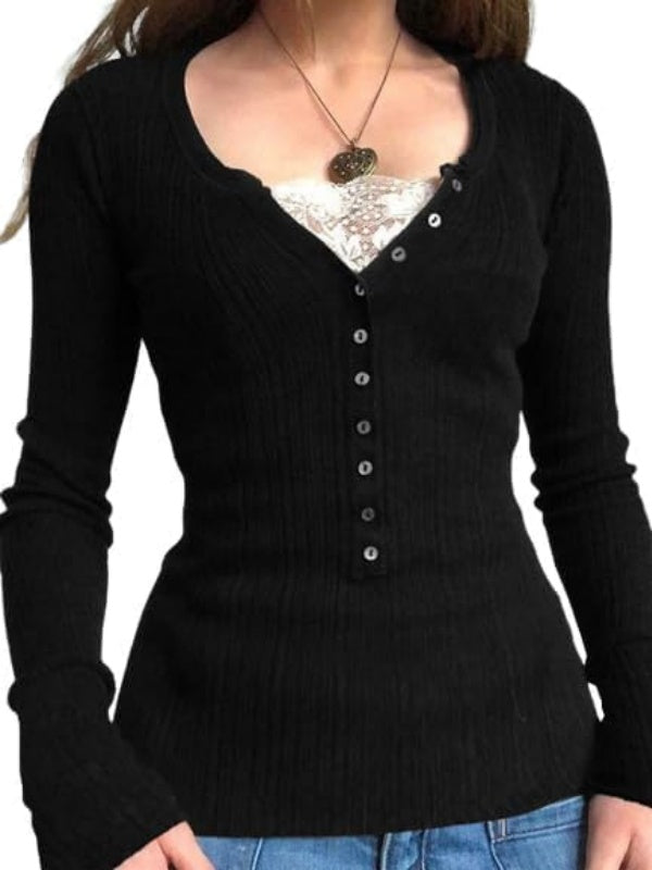 Womens Y2K Long Sleeve Henley Shirts
