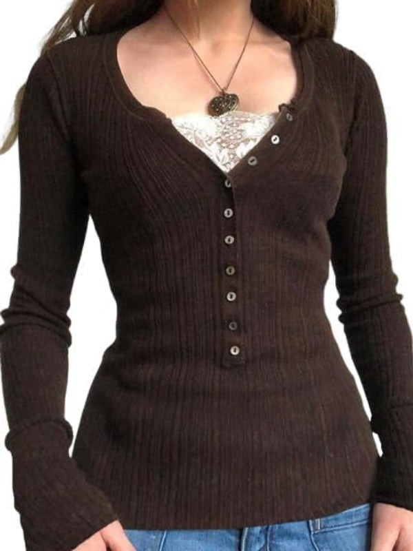 Womens Y2K Long Sleeve Henley Shirts