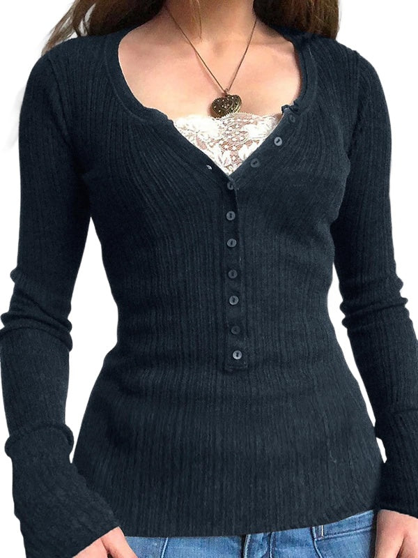 Womens Y2K Long Sleeve Henley Shirts