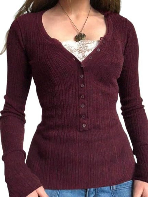 Womens Y2K Long Sleeve Henley Shirts