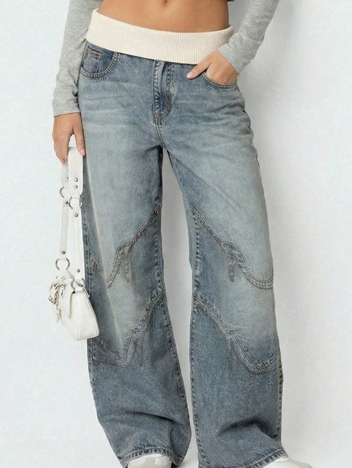 EMMIOL Women's Y2K Vintage High-Waisted Baggy Wide-Leg Jeans Contrast Wave Stitching Washed Denim Pants Streetwear
