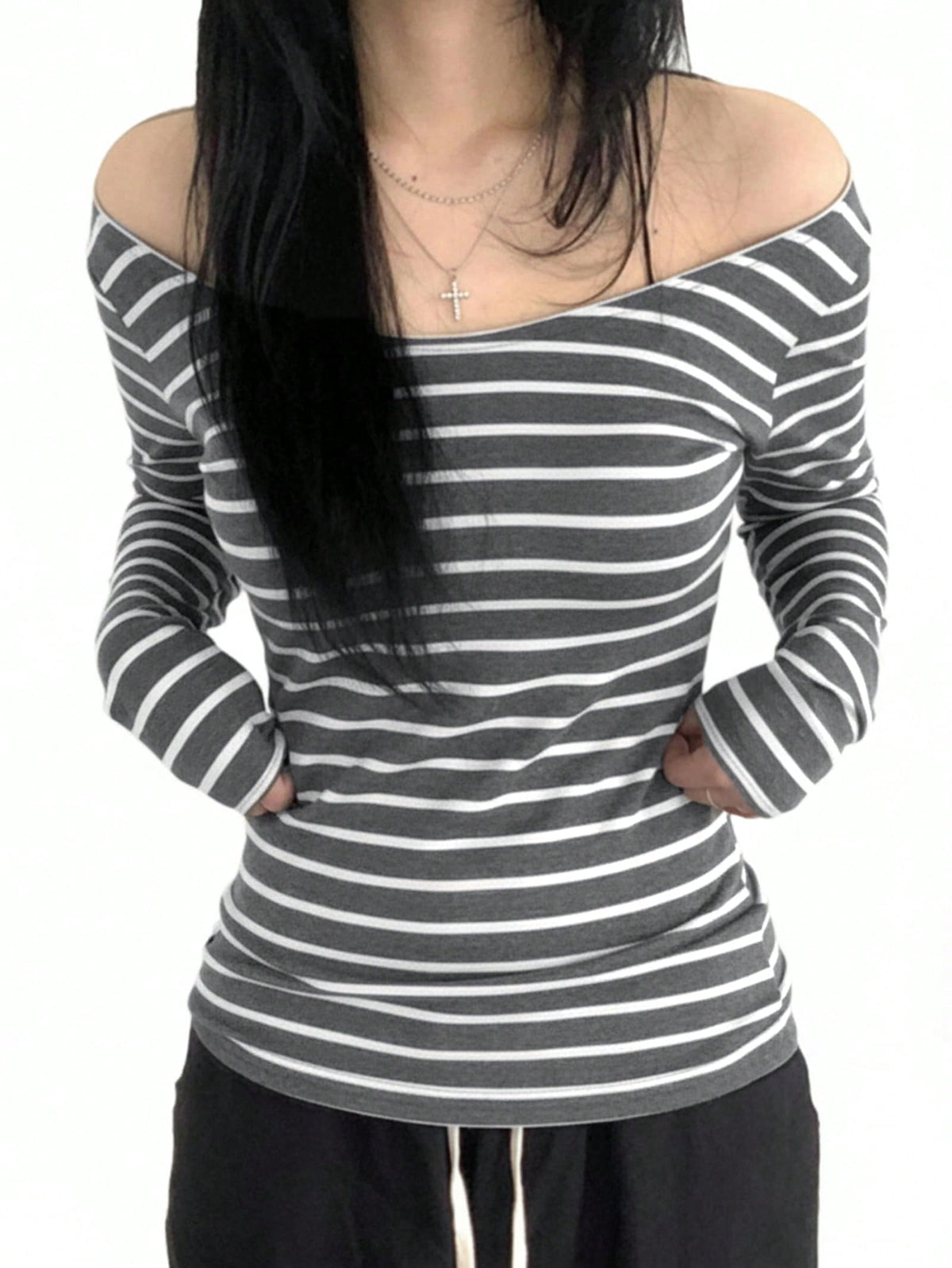 EMMIOL Women's Striped Off-Shoulder Long Sleeve Top Y2K Slim Fit Stretch Blouse, Fall & Spring Casual Shirt with Elastic Hem