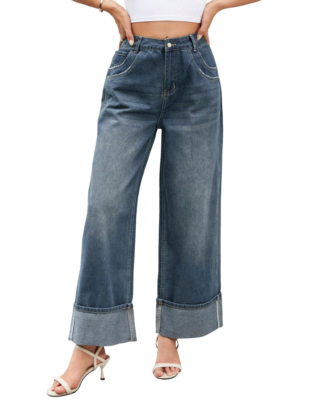 EMMIOL Women's Wide Leg Jeans Mid Waist Stretchy Loose Fit Jeans Baggy Boyfriend Denim Pants with Cuffed Hem