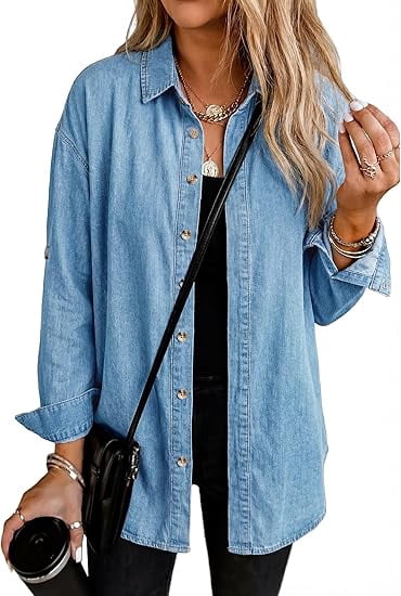 EMMIOL Women's Denim Shirt Long Sleeve Button Down Blouse Hidden Button Relaxed Fit Casual Versatile Top