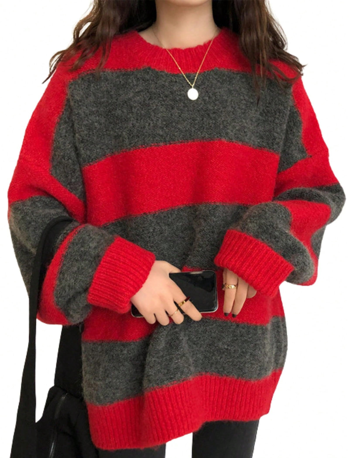 EMMIOL Women's Oversized Stripe Sweater 2026 Spring Y2K Trendy Crewneck Knit Top,Loose Fit Long Sleeve Pullover