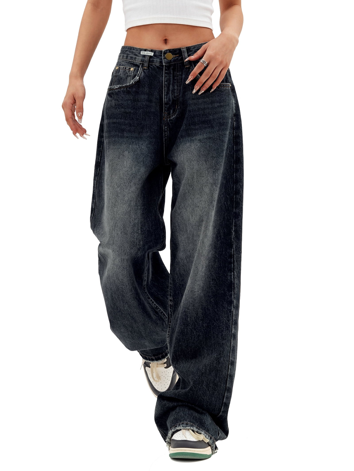 EMMIOL Women's Y2K Barrel Baggy Jeans Stretch High Waist Wide Leg Jeans Vintage Boyfriend Denim Pants