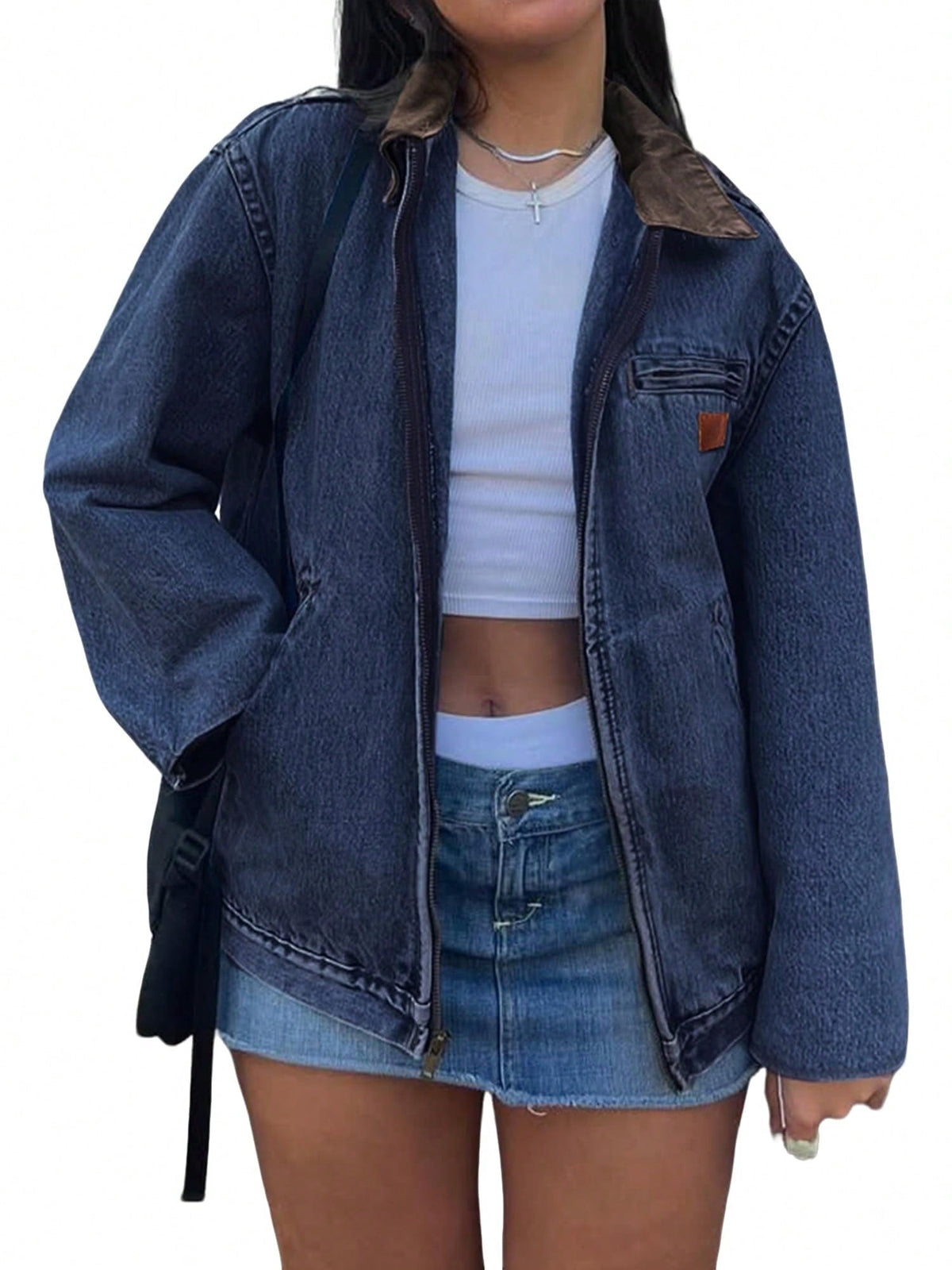 EMMIOL Women's Vintage Washed Denim Jacket Oversized Zipper Front Contrast Collar Jean Jacket with Pockets Casual Y2K Streetwear