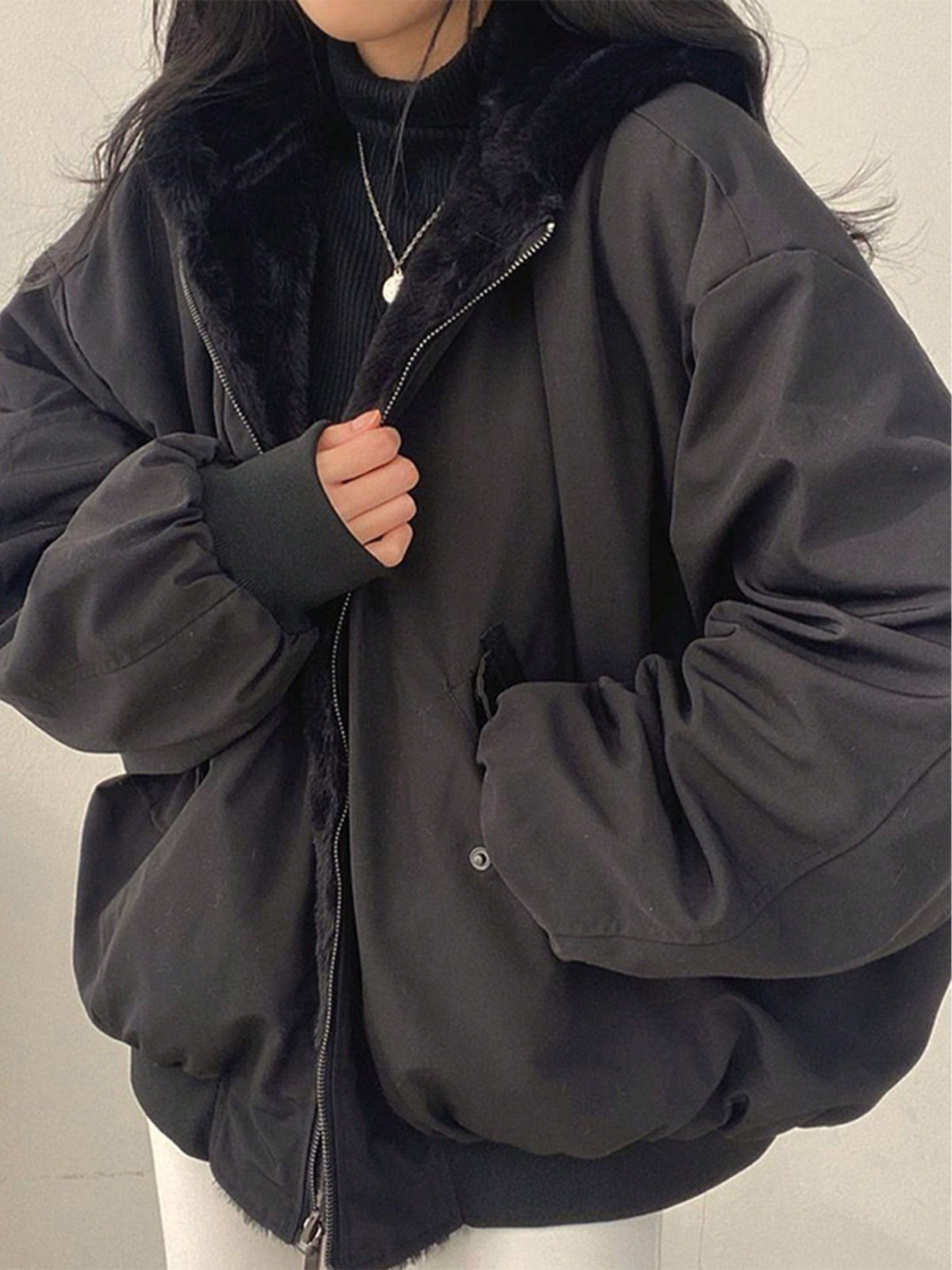 EMMIOL Christmas Women's Y2K Reversible Oversize Fleece Hooded Jacket Sherpa Lined Long Sleeve Zip-Up Puffer Jacket,2025 Winter Warm Coat