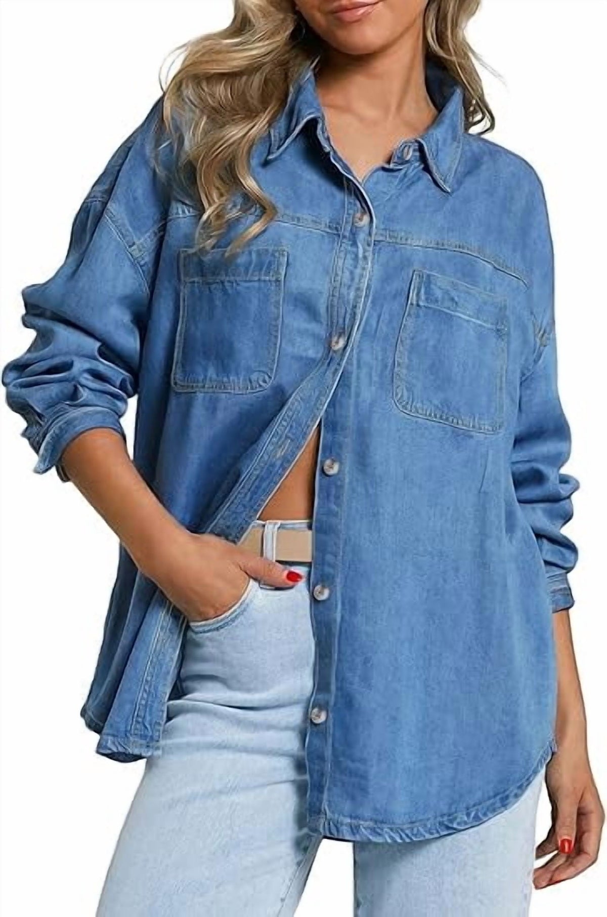 EMMIOL Women's Oversized 100% Cotton Denim Shirt Long Sleeve Button-Down Blouse with Pockets Casual Western Style