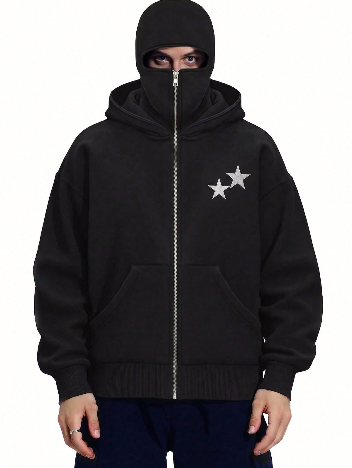 EMMIOL Men's Y2K Street Double Hat Oversized Hoodie Black Full Face Mask Zip Hoodie with Embroidery