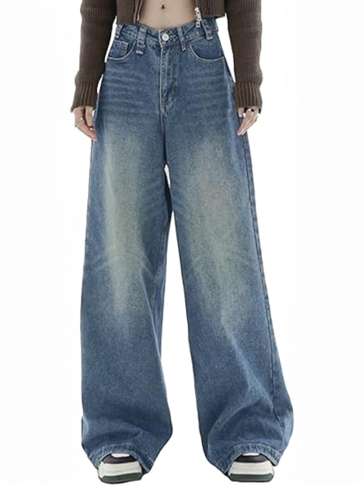 EMMIOL Wide Leg Jeans for Women Mid-Low Waist Baggy Boyfriend Jeans Y2K Vintage Denim Pants with Pockets