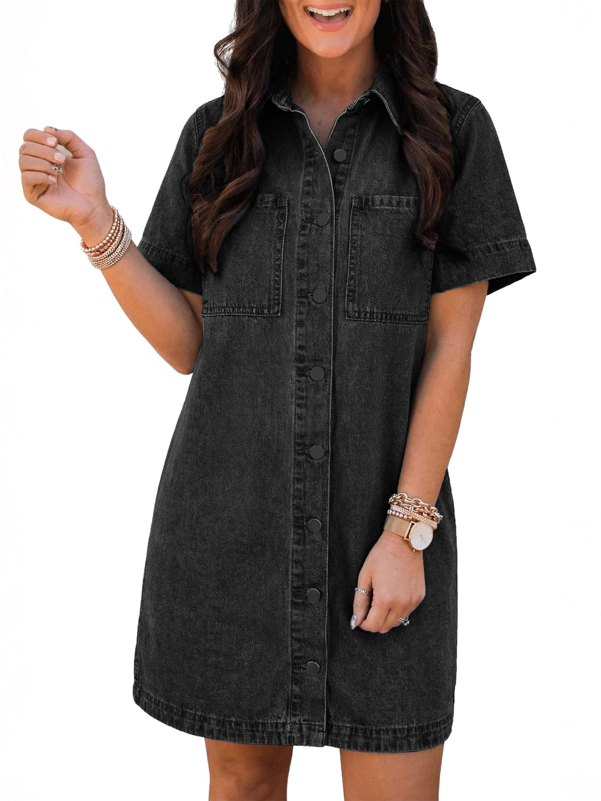 EMMIOL Women's Button Down Denim Dress Short Sleeve Babydoll Mini Jean Shirt Dress Fall Casual Trendy Outfit