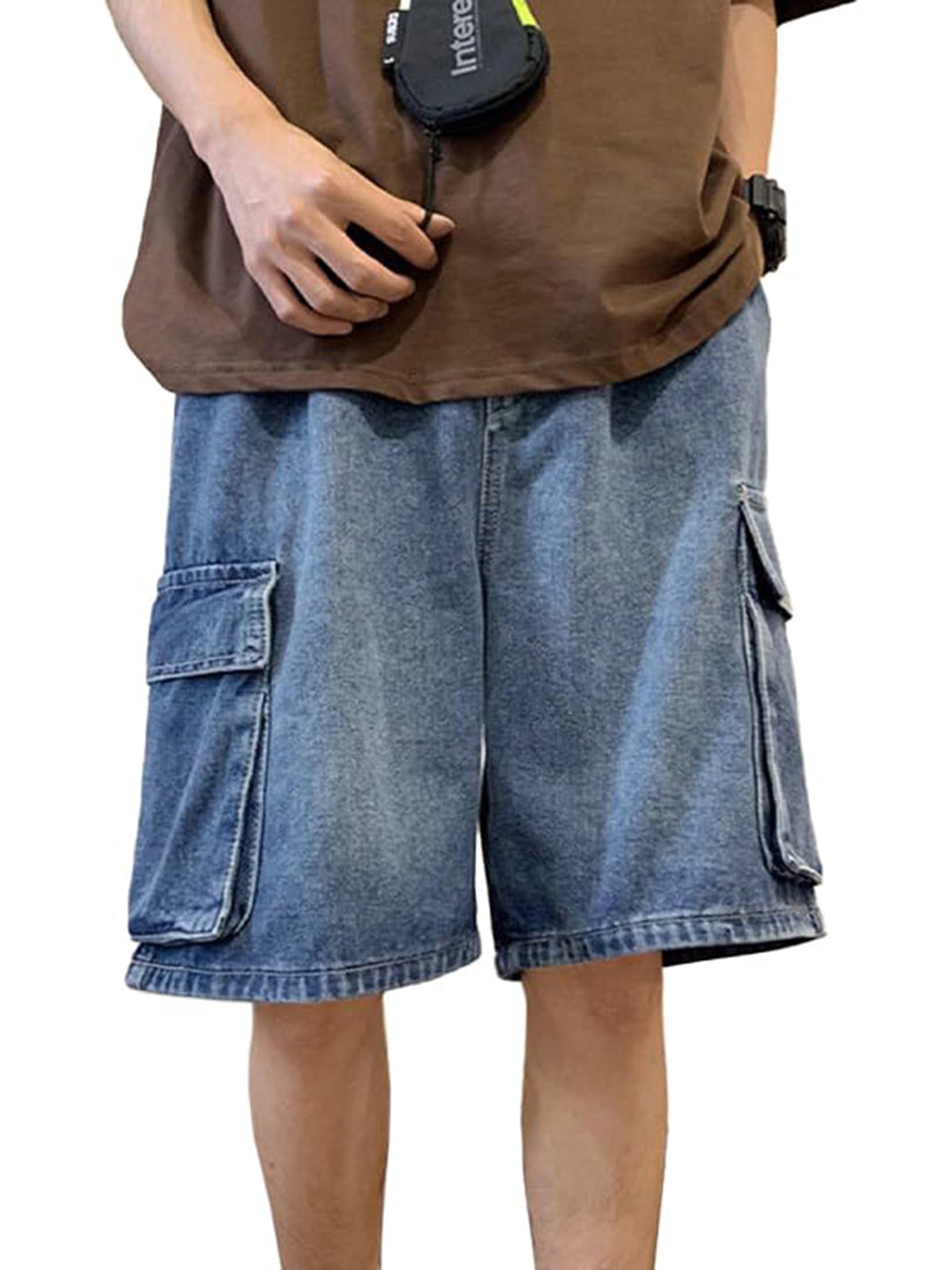 EMMIOL Men's Y2K Denim Shorts Mid Elastic Waist Baggy Jean Shorts Loose Fit Jorts Retro Hip Hop Shorts