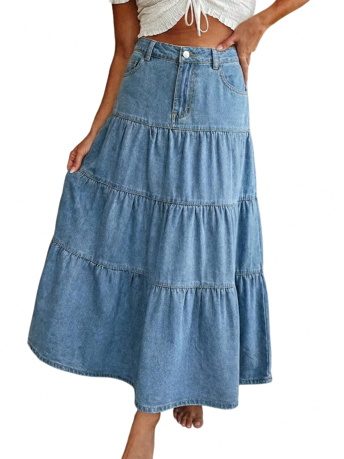 EMMIOL Women's High Waisted Tiered Denim Maxi Skirt Vintage A-Line Swing Jean Skirt with Pockets Casual Boho Style