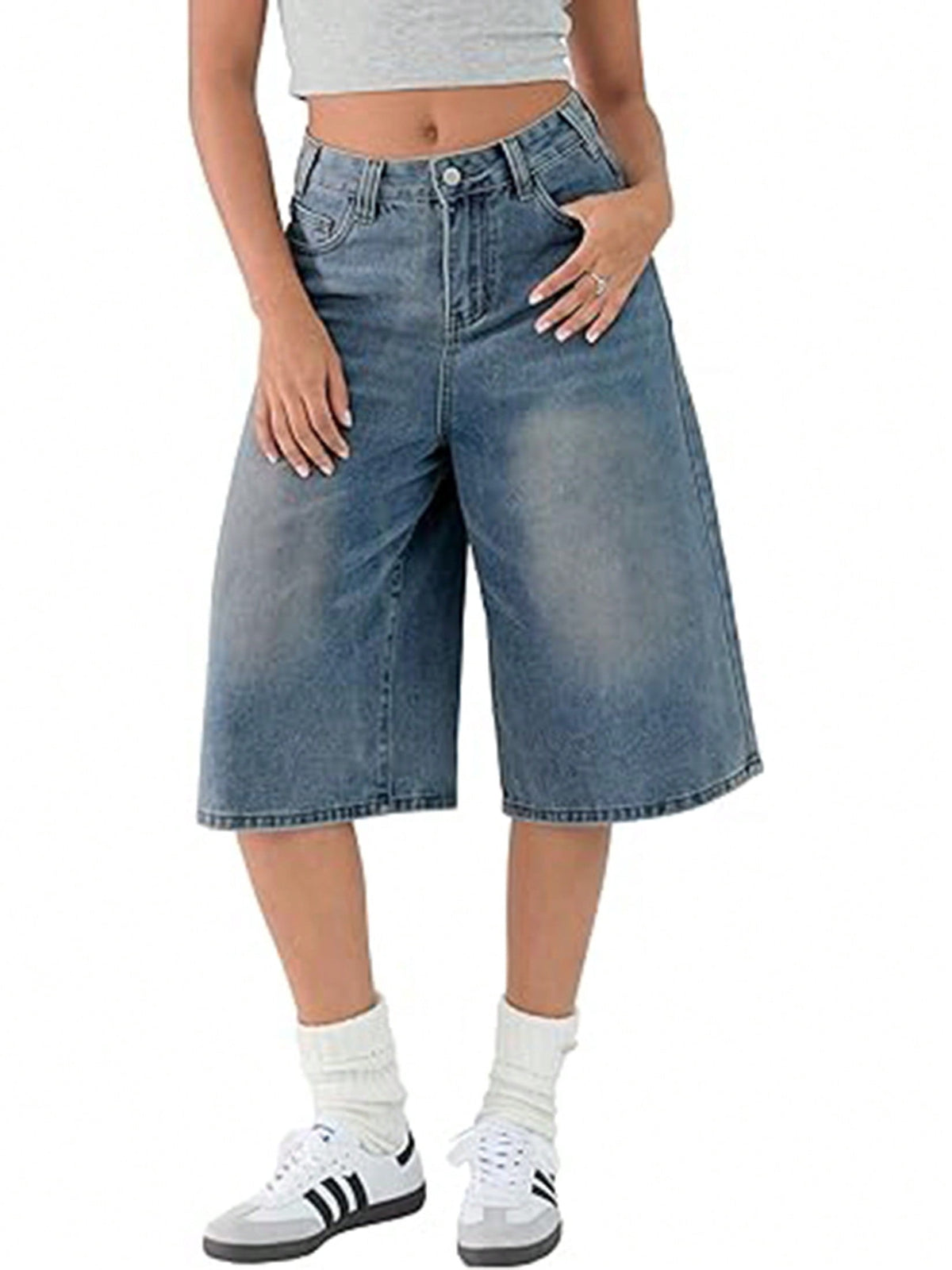 EMMIOL Women's Fall Trendy Baggy Denim Shorts Y2K Wide Leg Jean Jorts, Knee Length Loose Fit Jean Shorts