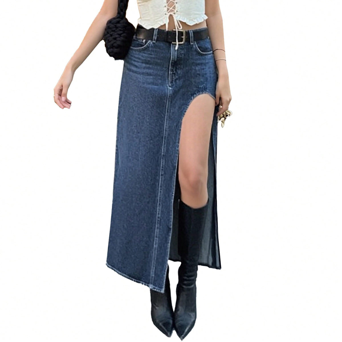 EMMIOL Women's Denim Maxi Skirt Side Slit High Waisted Sexy Long Jean Skirt 2026 Trendy Casual Going Out Bottoms