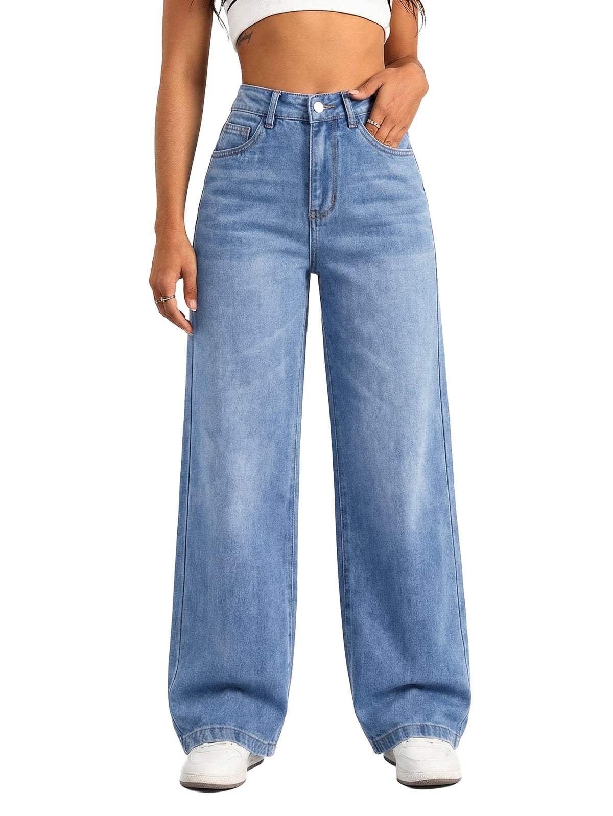 EMMIOL Women's Wide Leg Baggy Jeans Mid Rise Butt Lifting Stretchy Denim Pants Back Patchwork Boyfriend Jeans