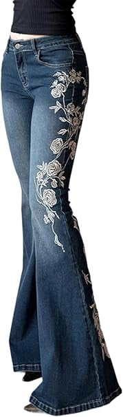 EMMIOL Women's Mid-Rise Stretchy Flare Bell Bottom Jeans Vintage 90s Y2K Floral Embroidery Denim Pants