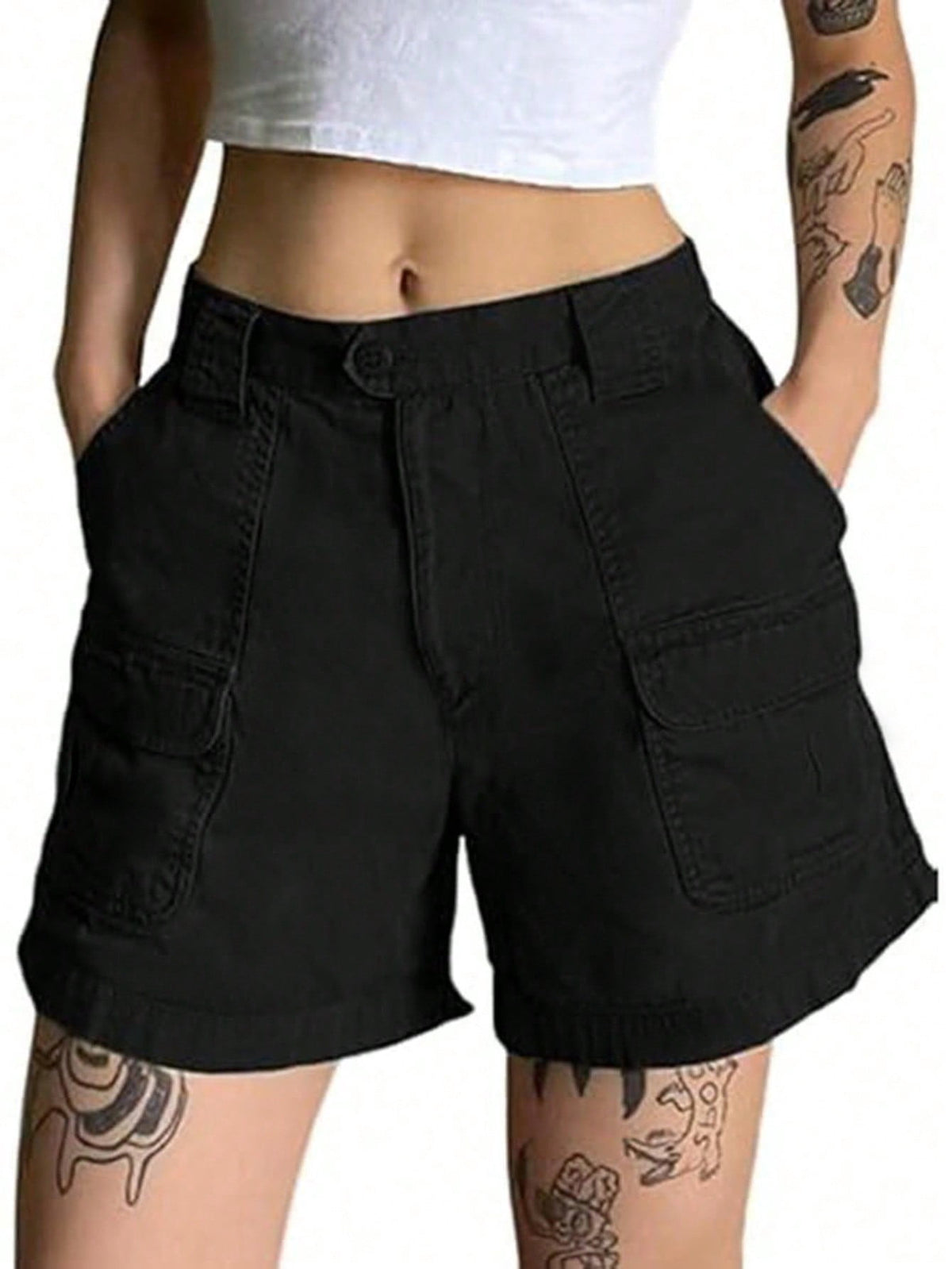 EMMIOL Women's Mid Waist Cargo Shorts Elastic Waist Casual Fall Cotton Shorts with Pockets