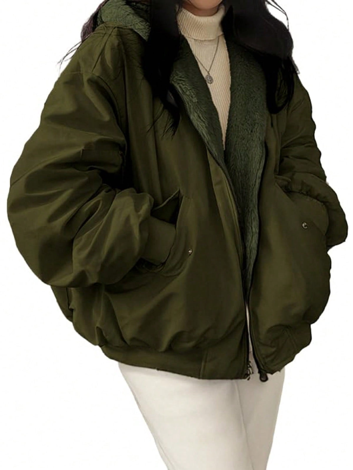 EMMIOL Christmas Women's Y2K Reversible Oversize Fleece Hooded Jacket Sherpa Lined Long Sleeve Zip-Up Puffer Jacket,2025 Winter Warm Coat