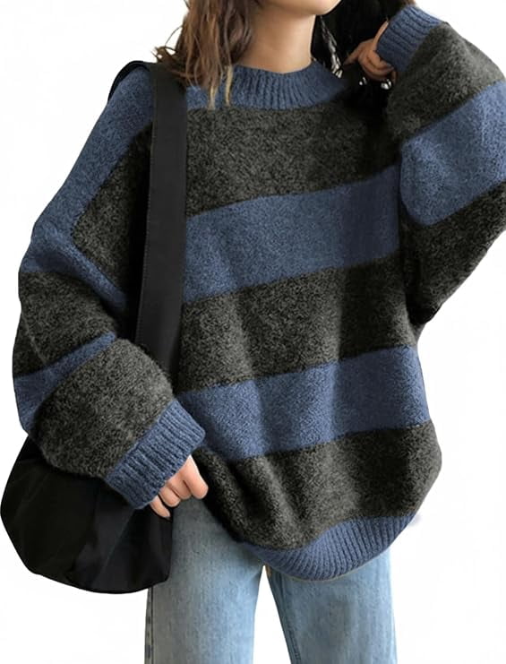 EMMIOL Women's Oversized Stripe Sweater 2026 Spring Y2K Trendy Crewneck Knit Top,Loose Fit Long Sleeve Pullover