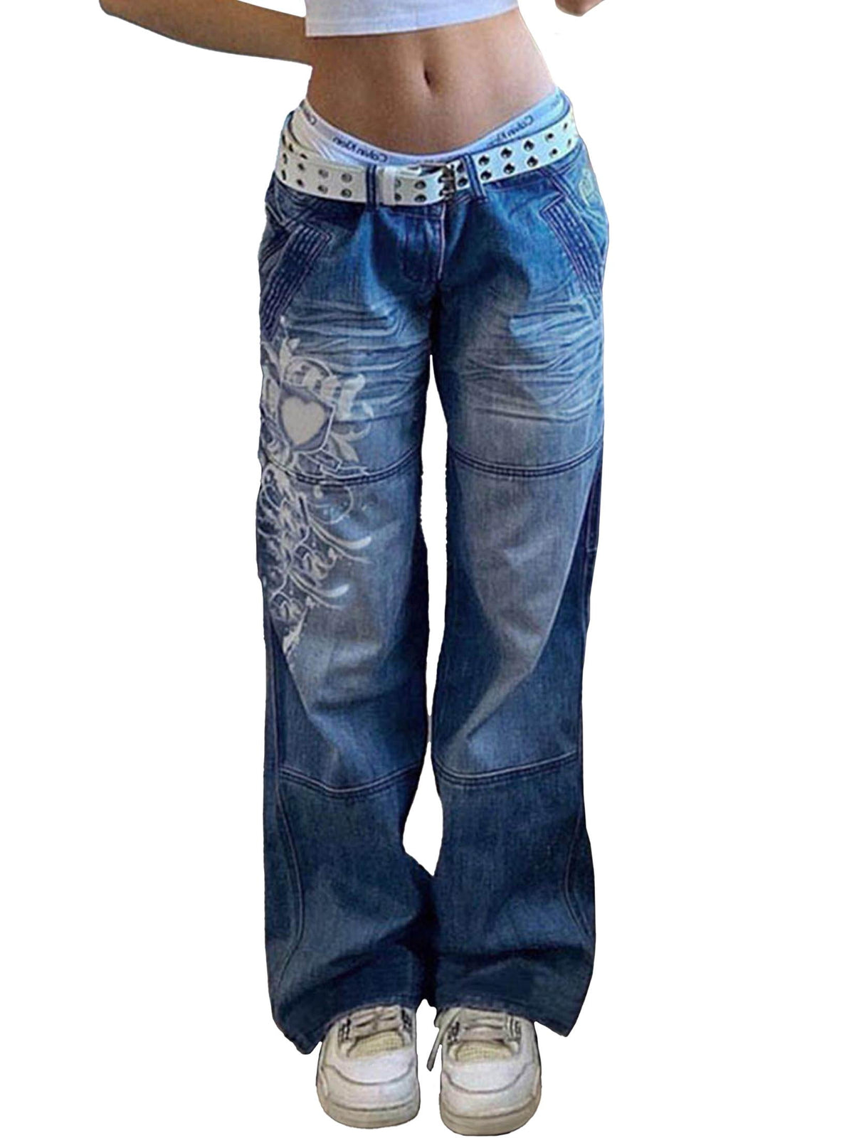 EMMIOL Women's Low Rise Cargo Jeans - Y2K Wide-Leg Baggy Denim Pants with Heart Pattern