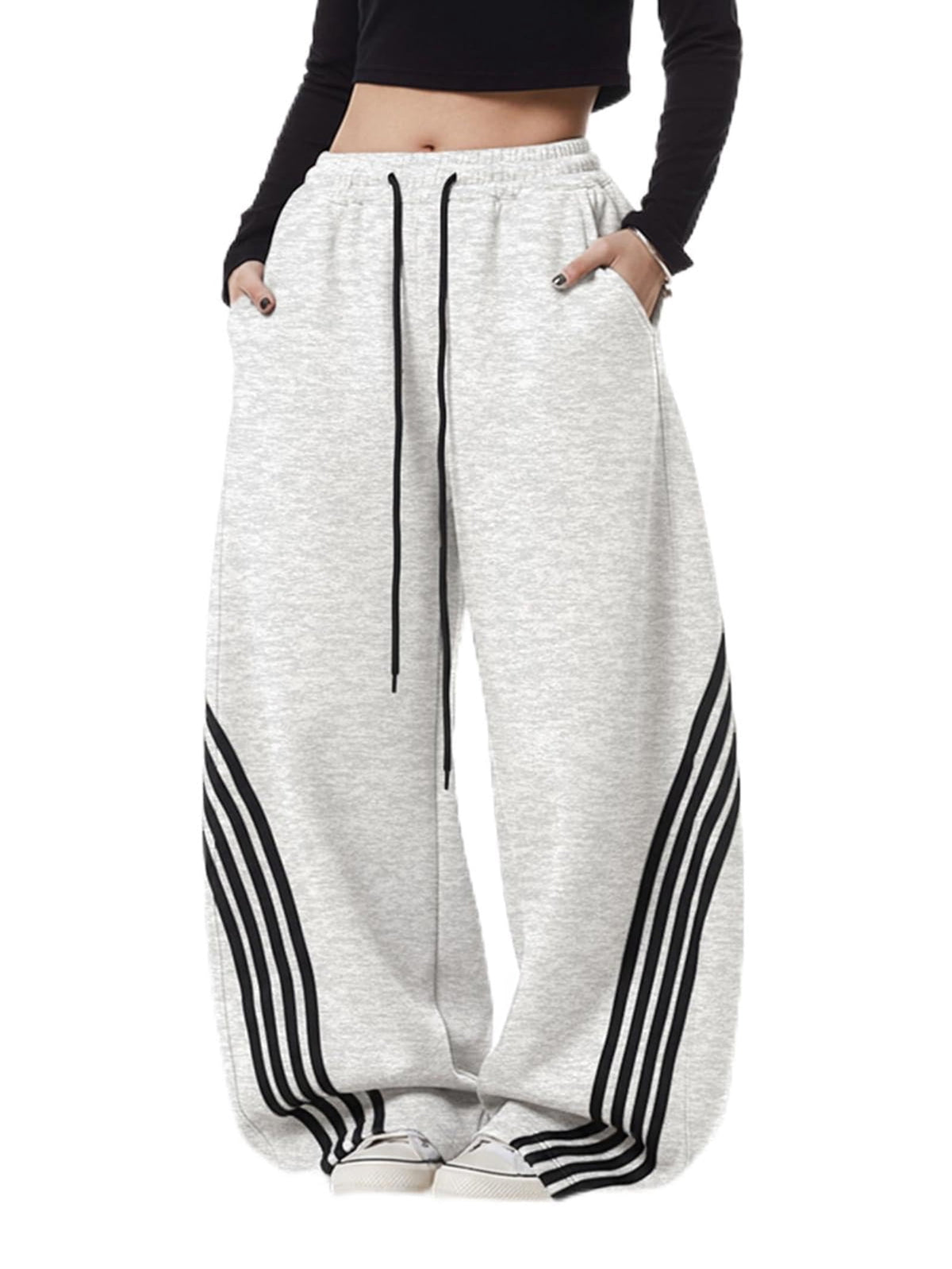EMMIOL Women's Y2K Striped Baggy Sweatpants, High Waisted Wide Leg Casual Joggers with Drawstring Waist and Cuffs
