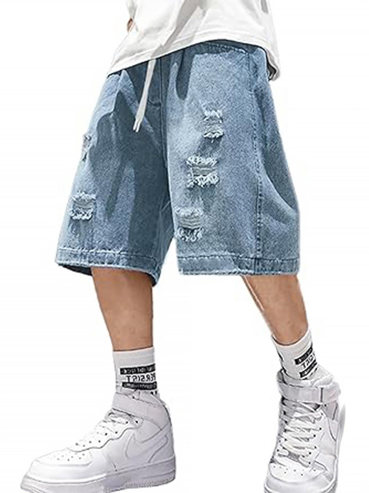 EMMIOL Men's Y2K Vintage Denim Shorts Ripped Distressed Elastic Waist Loose Fit Jean Shorts Summer Streetwear