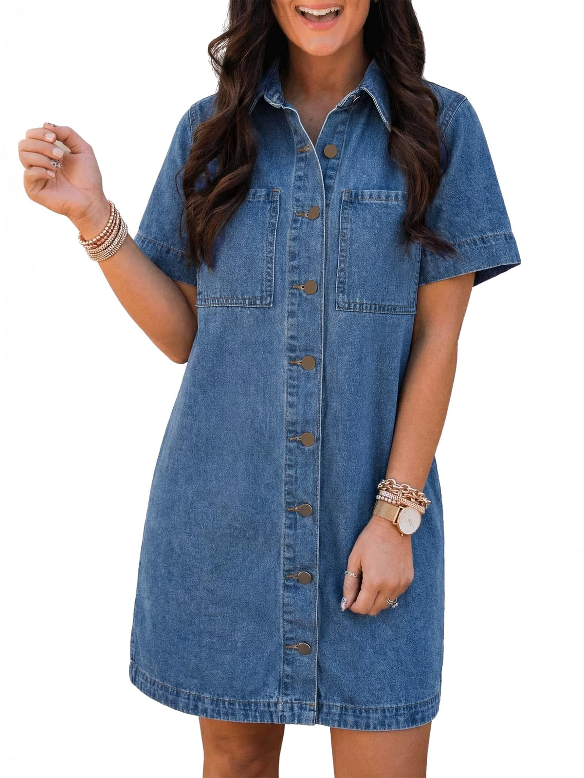 EMMIOL Women's Button Down Denim Dress Short Sleeve Babydoll Mini Jean Shirt Dress Fall Casual Trendy Outfit