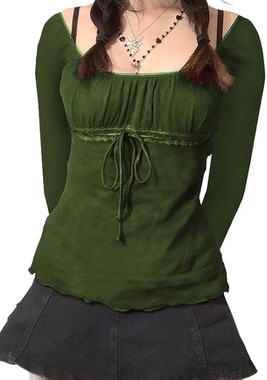 EMMIOL Women's Y2K Off-Shoulder Square Neck Long Sleeve Top with Front Tie, Trendy Slim Fit Spring/Fall Blouse
