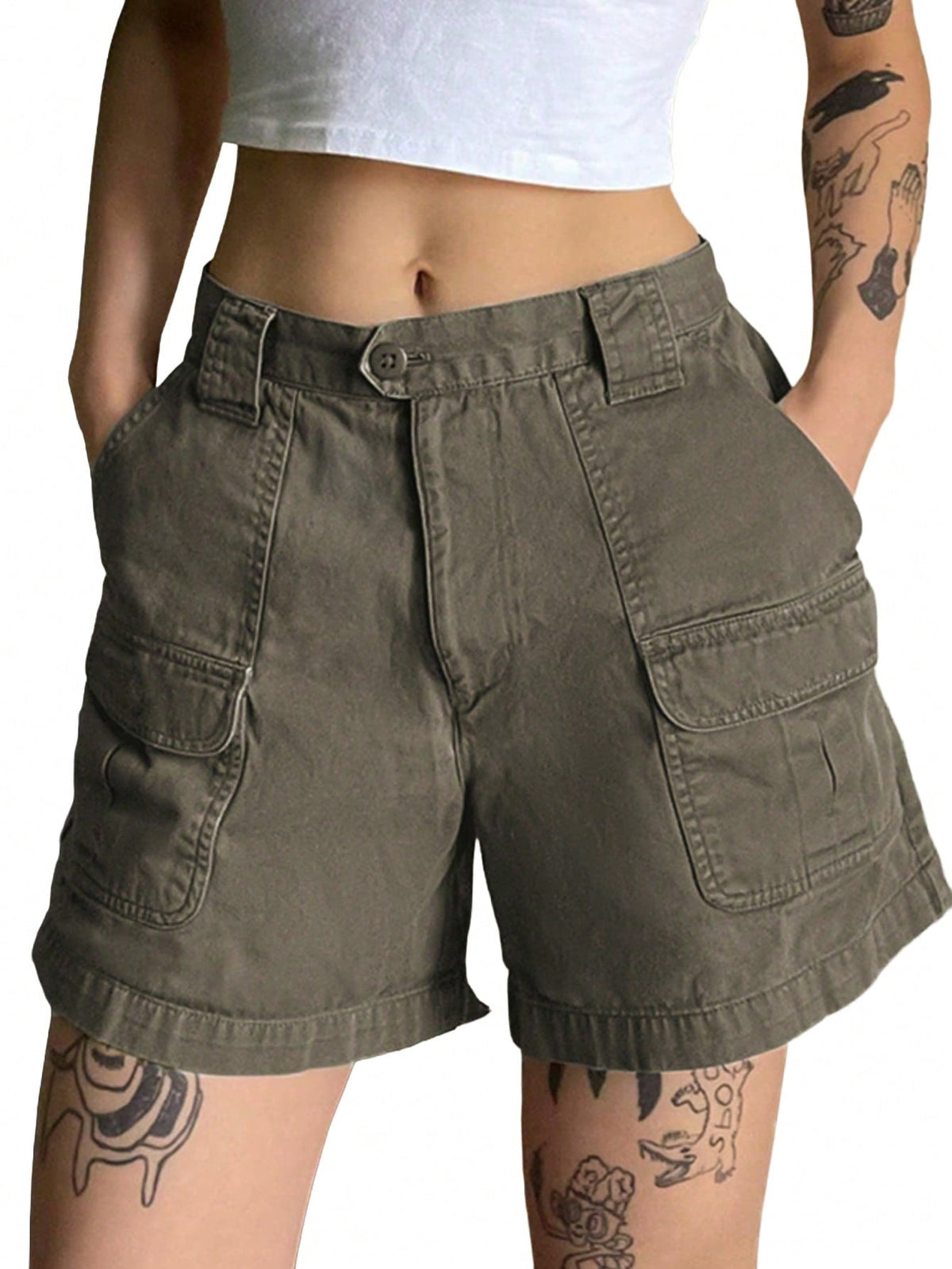 EMMIOL Women's Mid Waist Cargo Shorts Elastic Waist Casual Fall Cotton Shorts with Pockets