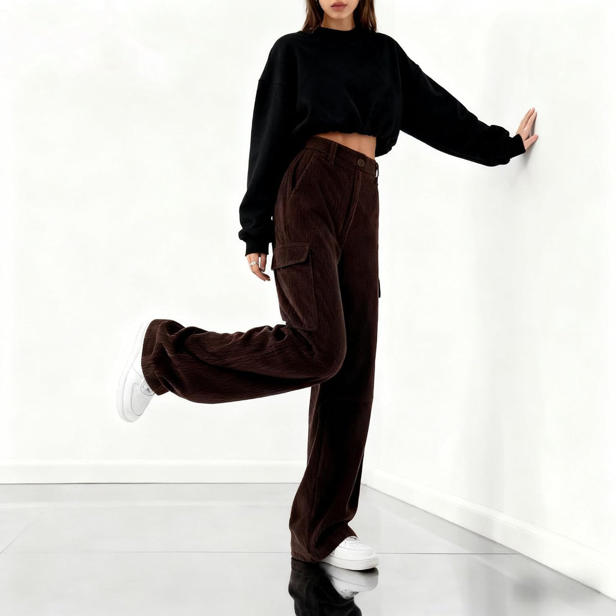 EMMIOL High-Waisted Corduroy Pants for Women, Bootcut Wide Leg Baggy | Cargo Vintage Style,Trousers Pants for women, Loose Fit, Adjustable Waist Buckle, Side Pocket,Trouser in Dark Brown Black