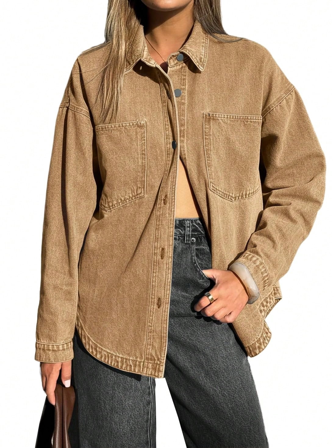 EMMIOL Women's Y2K Oversized Denim Shirt Jacket Long Sleeve Button Down Distressed Jean Blouse 2026 Fall Trendy Casual Denim Top