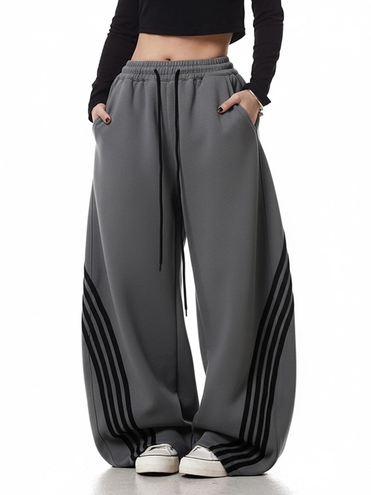 EMMIOL Women's Y2K Striped Baggy Sweatpants, High Waisted Wide Leg Casual Joggers with Drawstring Waist and Cuffs