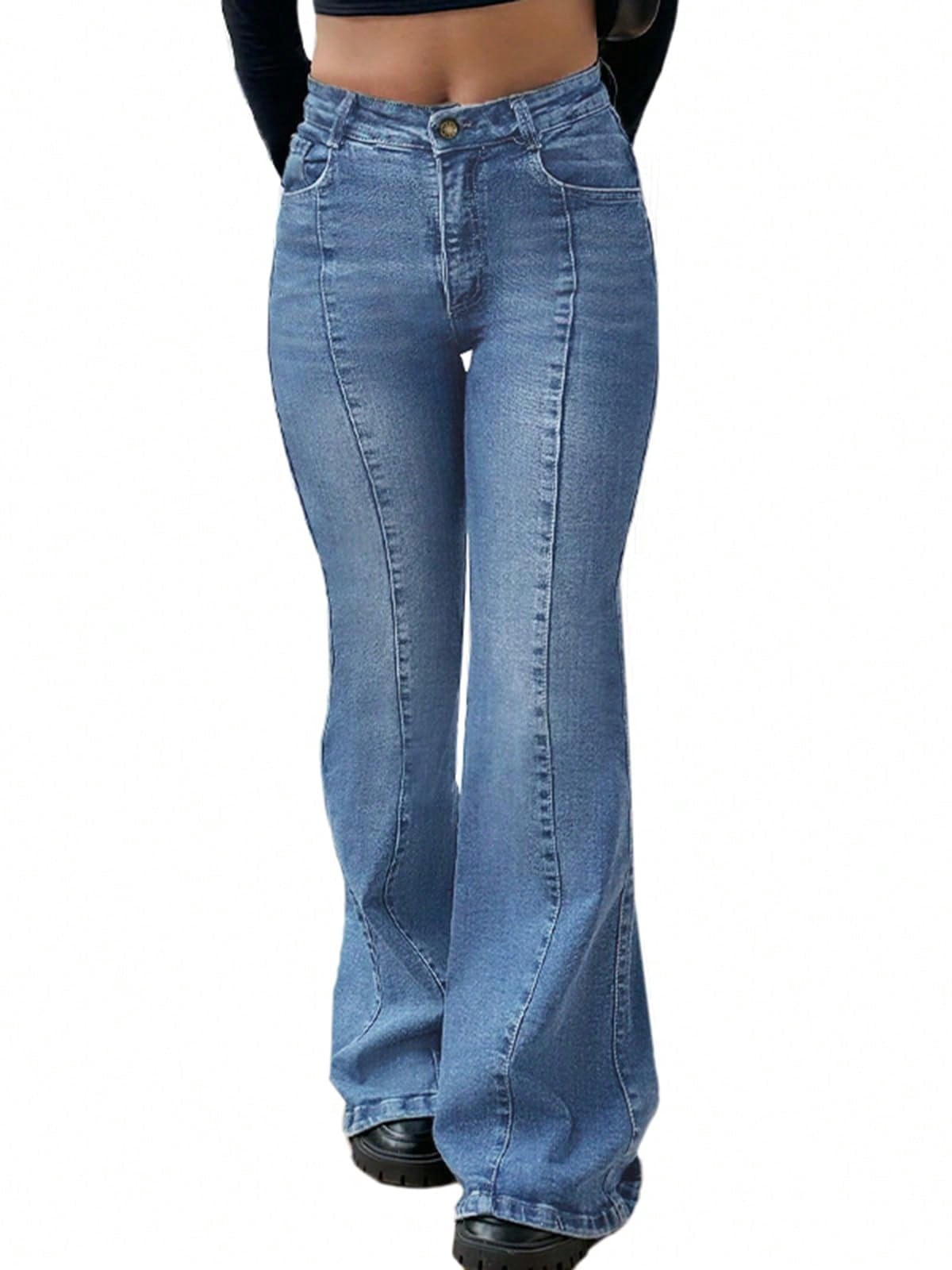 EMMIOL Women's Mid-High Waist Stretchy Flare Bell Bottoms Jeans Y2K Vintage Washed Bootcut Denim Pants for Casual,Streetwear