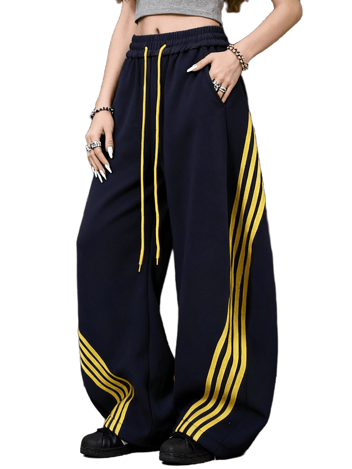 EMMIOL Women's Y2K Striped Baggy Sweatpants, High Waisted Wide Leg Casual Joggers with Drawstring Waist and Cuffs