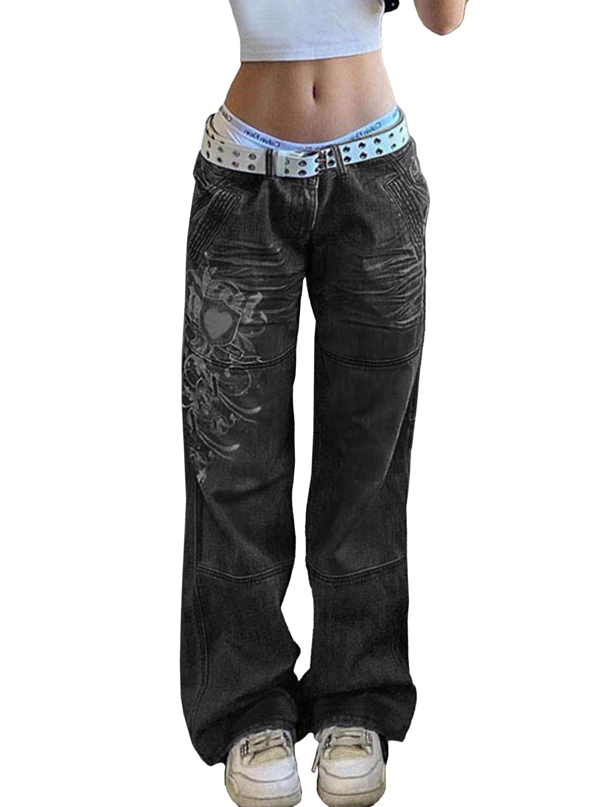 EMMIOL Women's Low Rise Cargo Jeans - Y2K Wide-Leg Baggy Denim Pants with Heart Pattern