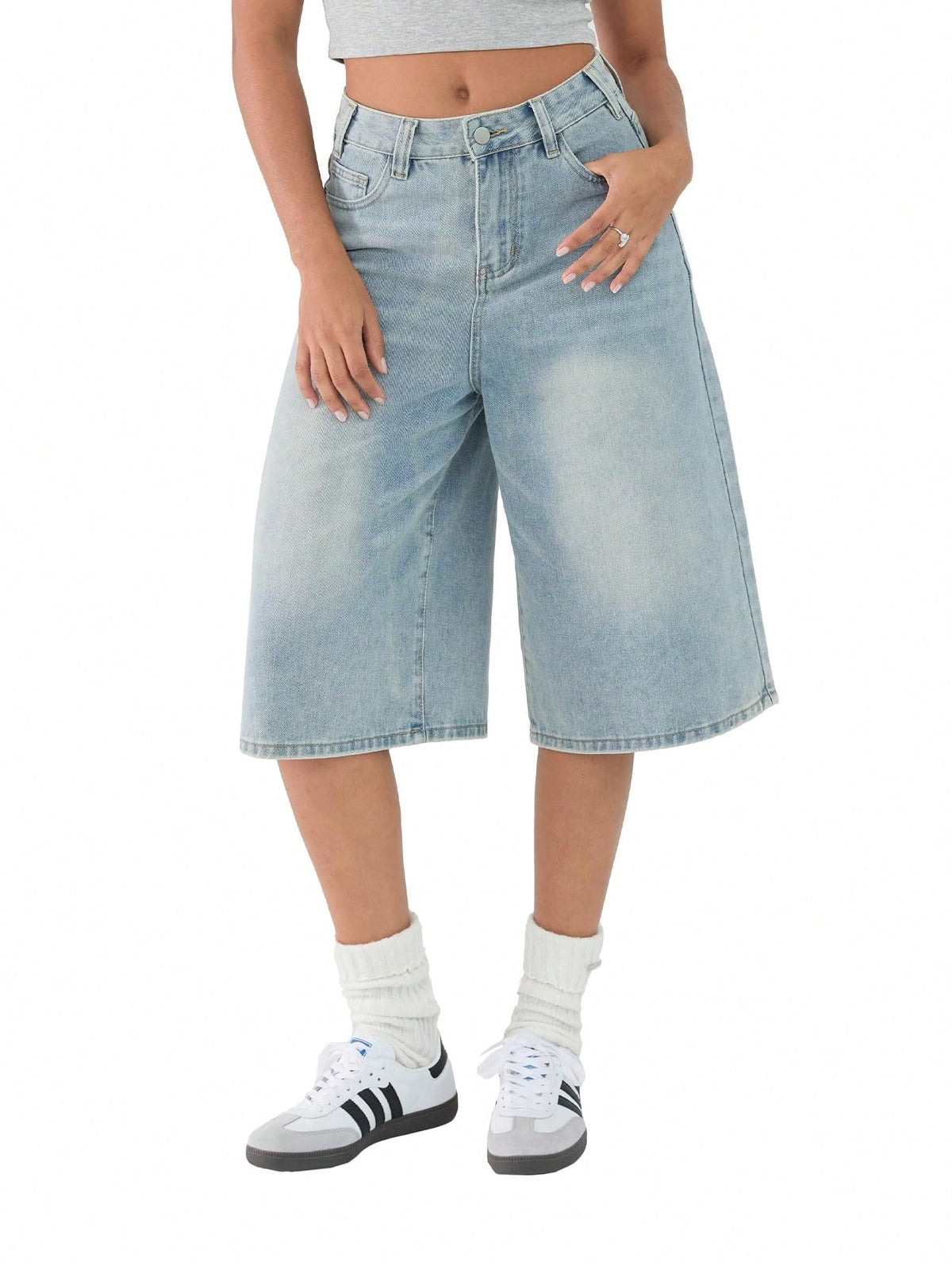 EMMIOL Women's Fall Trendy Baggy Denim Shorts Y2K Wide Leg Jean Jorts, Knee Length Loose Fit Jean Shorts